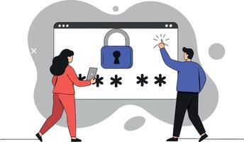 Two individuals interacting with a computer screen displaying a padlock in a minimal illustration vector