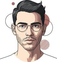 Stylish young man with glasses featuring a minimalistic design and abstract shapes in the background, illustration vector
