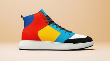 Colorful high top sneakers on a beige background photo