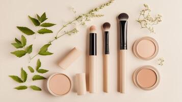 Makeup brushes and makeup products on a white background photo