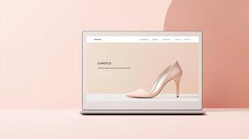 A laptop with a pink background and a pair of high heels photo