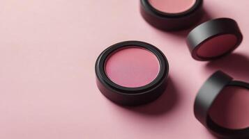 Pink blush powder on a pink background photo