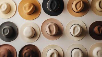 Many different types of hats are shown in a row photo