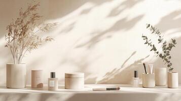 A shelf with various cosmetic products and plants photo