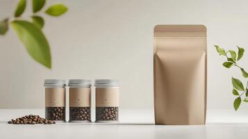 Coffee Beans Packaging Mockup With Green Leaves photo