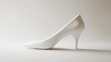A single, pristine, white high-heeled shoe, angled, against a plain, bright backdrop, showcasing smooth, sculpted design and elegant form. photo