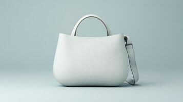 A simple, white handbag with handles and a shoulder strap, presented on a light blue studio background. photo