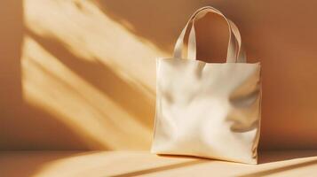 Beige canvas tote bag on a beige background with sunbeams. photo