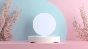 Abstract minimalist podium display with pastel colors and floral elements. photo