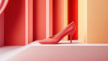 A pair of high heels on a platform in front of a colorful background photo