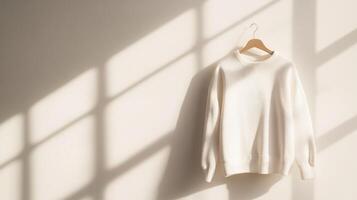 A cream-colored knitted sweater hangs on a hanger against a bright white wall with window shadows. photo
