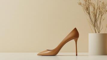 A single elegant light brown high heel shoe on a white surface, with a beige background and dried flower arrangement in a white pot. photo