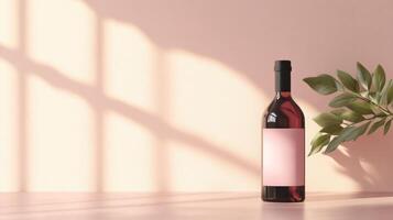 A bottle of red wine with a light pink label, placed on a light peach surface, with shadows from a window and a plant. photo
