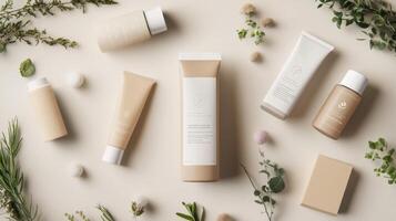Beige and natural cosmetic products arranged on a light beige background with plants and small decorative items. photo