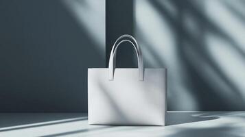 A minimalist white tote bag displayed against a muted, gray backdrop with dramatic shadows. photo