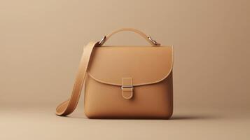 The tan leather bag is shown on a beige background photo