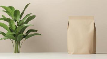 A brown paper bag with a plant on a table photo
