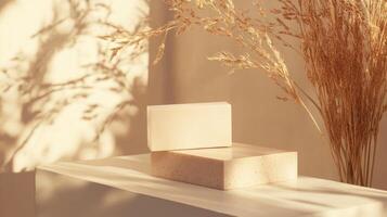 Two blocks of soap on a table next to a plant photo