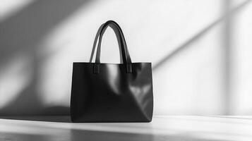 A black tote bag sitting on a white surface photo