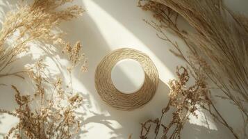 A white round object on a white surface with dried grass photo