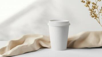 A white cup with a lid and a cloth on a table photo