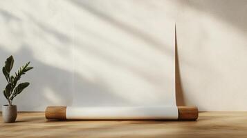 Blank paper roll on a wooden table with a plant photo