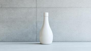A white vase sitting on a table in front of a wall photo