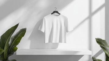White t - shirt hanging on a shelf in front of a window photo
