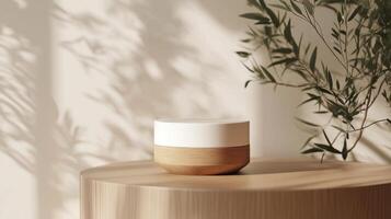 A white and wooden device sitting on a table photo