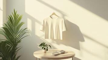 A white t - shirt hanging on a wooden rack in front of a window photo