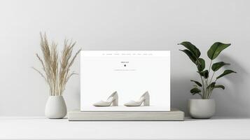 A white shoe on a table with a plant and a vase photo