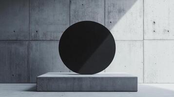A black round object sitting on a concrete block photo