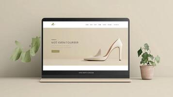 A laptop screen displaying a website design for a shoe store photo