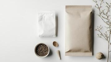 A package of coffee beans, a spoon and a bag of seeds photo
