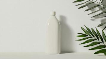 A white bottle with a leaf on a white surface photo