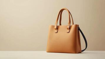 A tan leather tote bag on a table photo