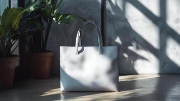 A white bag sitting on a table in front of a plant photo
