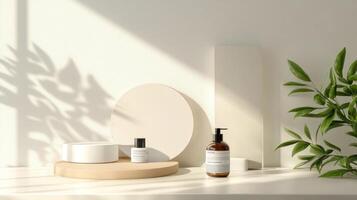 A white bathroom with a mirror, soap and a plant photo