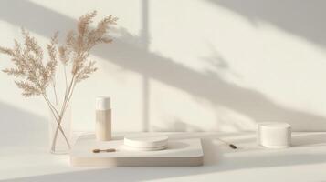 A white table with a vase of grass and a bottle of cream photo
