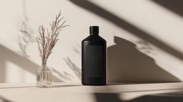 A black bottle and a vase on a table photo