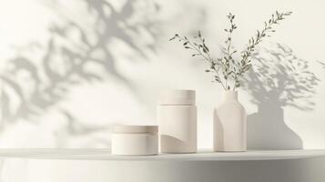 Three white vases and a plant on a table photo