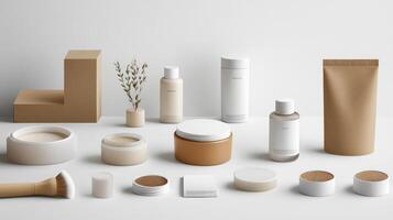 Various cosmetic products arranged on a white surface photo