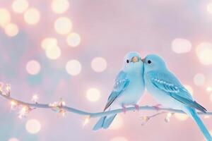 Turquoise lovebirds perched close together on a branch in soft pastel lighting, creating a dreamy and romantic atmosphere photo