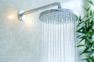High-pressure showerhead with adjustable settings in a modern bathroom setting featuring a chrome finish reflecting light photo