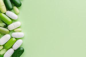 Variety of green and white pills arranged on a light green background showing different shapes and sizes commonly found in health supplements photo