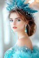 Elegant woman in extravagant feathered headdress and shimmering aquamarine gown stands gracefully in grand ballroom setting photo
