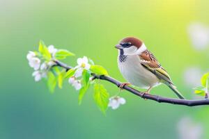 Small bird gathers nesting materials while perched on branch with budding leaves in spring setting photo