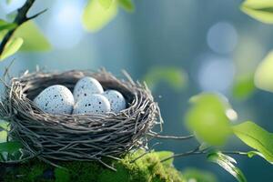 Rustic birds nest containing speckled eggs resting on a tree branch in soft natural light with surrounding leaves photo
