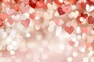 Romantic bokeh background featuring soft red and golden tones with heart-shaped lights ideal for Valentine themes and celebrations photo