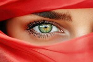Mysterious woman with piercing green eyes partially veiled in rich red fabric, showcasing deep contrast and dramatic lighting in an enigmatic setting photo